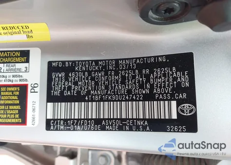 2013 Toyota Camry Le z USA, uszkodzony, nr VIN 4T1BF1FK9DU247422